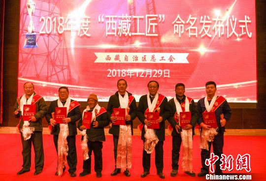禹代林、蔣良文、平措、羅布斯達(dá)、格桑羅布、扎西尼瑪、解釗(左至右)7人榮膺2018年度“西藏工匠”稱號?！『闻罾?攝